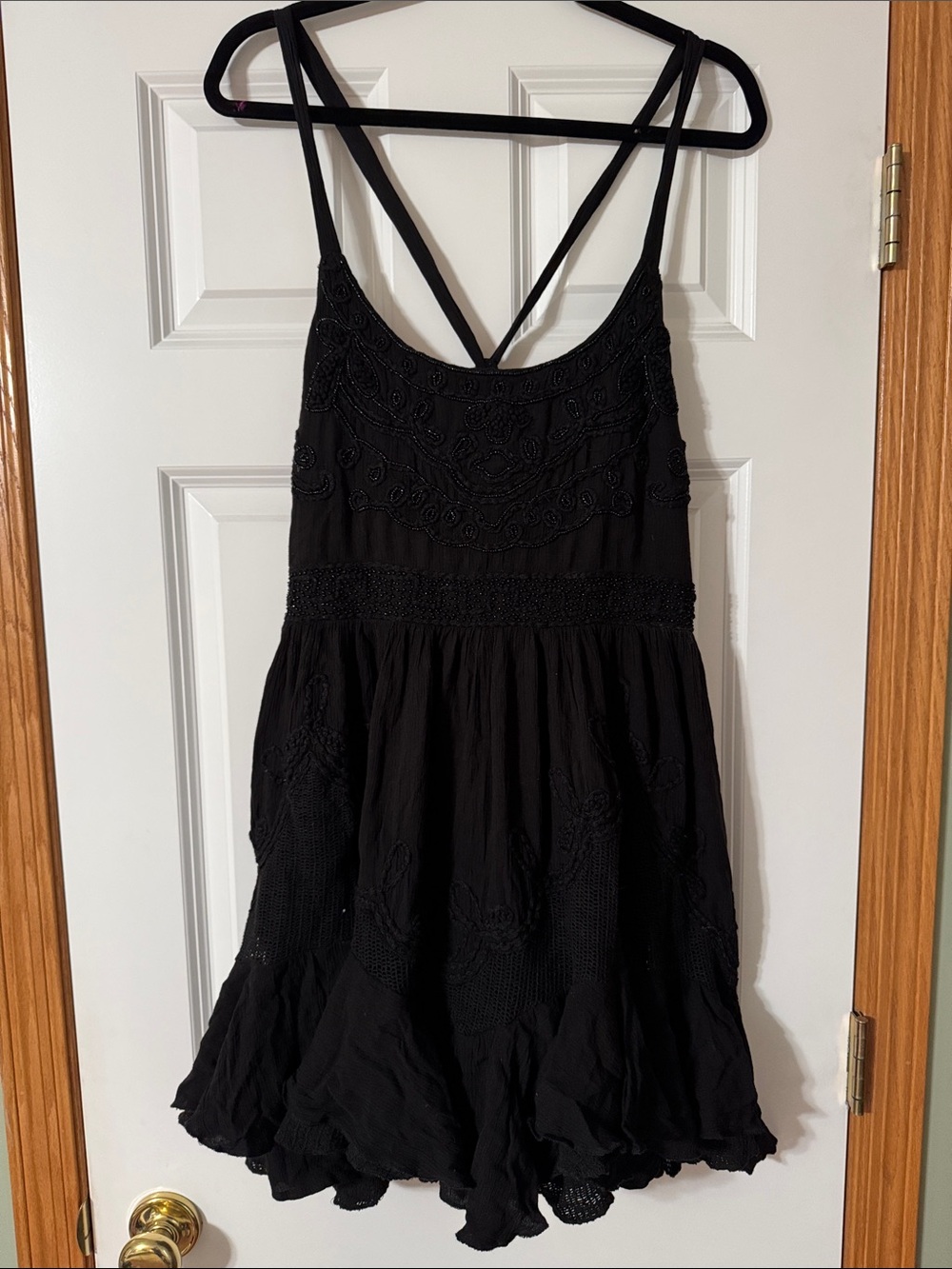 EUC Free People Black Beaded Embroidered Strappy Mini Halter Dress size XL